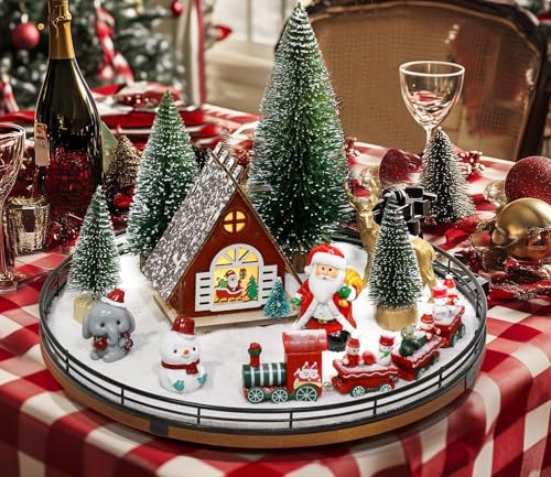 12-Piece Christmas Village Table Centerpiece Set with Rotating Oak Base