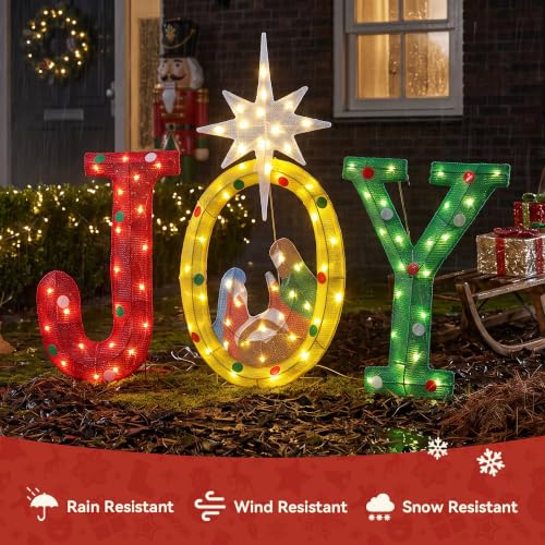 Veltenovaire 3-Piece Lighted Nativity Joy Sign Set for Christmas Yard Decor