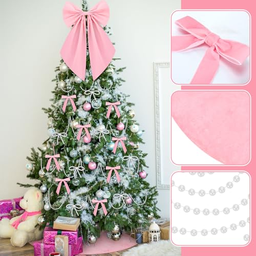 Pink Pearl Christmas Tree Decorations Set 31 Pcs with Velvet Bows, Pearls & Tree Skirt