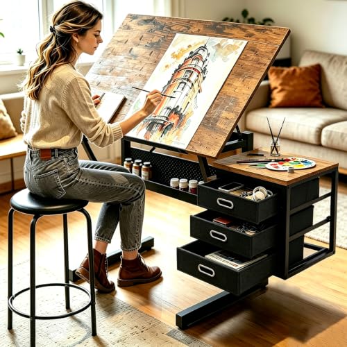 Adjustable Drafting Table with Stool and 3 Drawers, Rustic Brown Art Desk