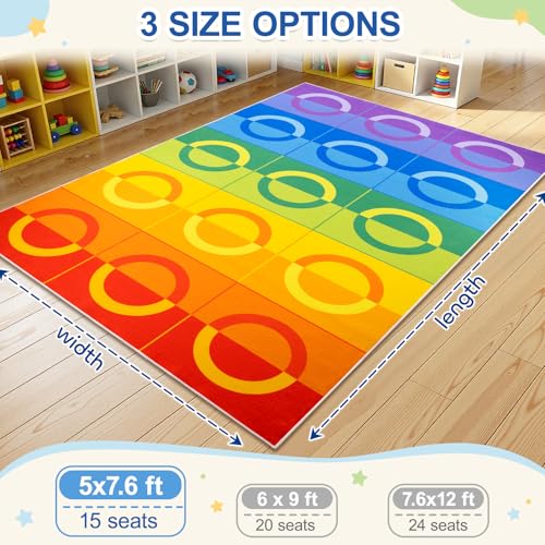 Classroom Rug with 15 Rainbow Circles, 5x7.6 Foot Non-Slip Educational Carpet