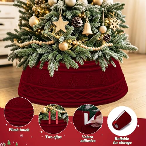 Red Knitted Christmas Tree Collar 28in Xmas Tree Skirt Base Cover - ASTNIC