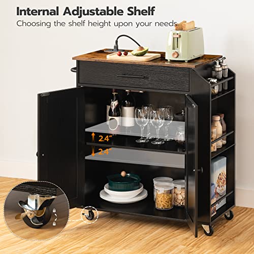 Kitchen Island with Power Outlet, Rolling Storage Cart with Spice Rack