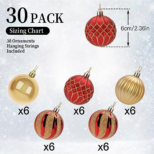 30-Piece Shatterproof Christmas Tree Ornament Set, 2.36-Inch Red and Gold