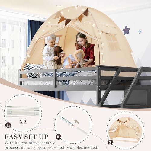 Twin Bed Tent Canopy for Kids with Flags & Star Lights - Portable Bedroom Privacy Tent