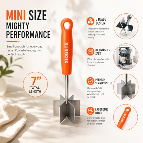 Retro Orange Mini 7-Inch Meat Chopper - Small Ground Beef & Hamburger Smasher