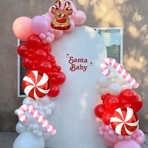 Froova Pink, Red & White Christmas Balloon Arch Kit with Reindeer & Candy Cane Foil Balloons – Includes 2 Pink, 2 Red Candy, Variety Balloons (Red/Pink/White)