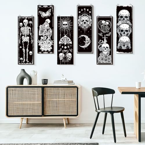 6-Piece Gothic Skull Wall Art Set, Wooden Boho Sun and Moon Decor