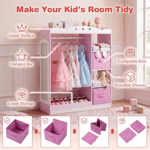 Kids Dress Up Storage Wardrobe with Mirror, Pink Toddler Costume Closet