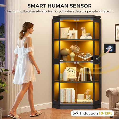 67-Inch Corner Glass Display Cabinet with RGB Lights and Motion Sensor