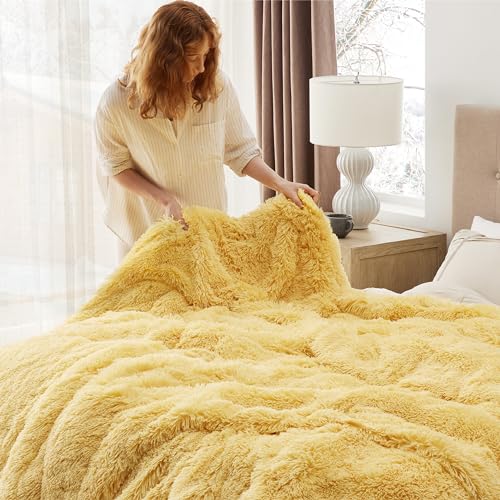 Bedsure Faux Fur Fluffy Sherpa Fleece Bed Blanket Light Yellow 108x90 King - Cozy & Reversible