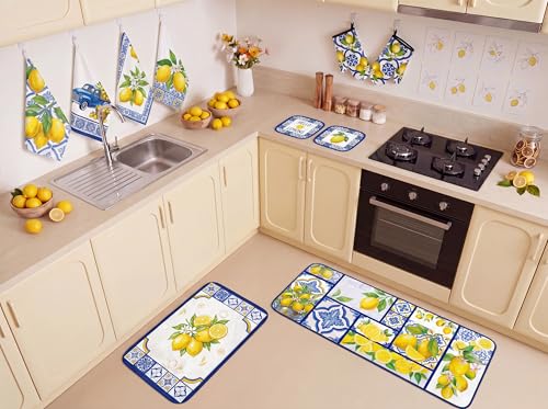 10-Piece Lemon Kitchen Decor Set: Towels, Oven Mitts, and Floor Mats