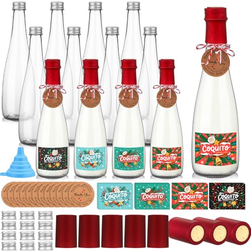 Baderke 12 Set 16oz Christmas Coquito Bottles with Red Caps & Accessories