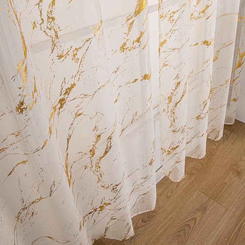 Gold & Cream Sheer Curtains 52 x 96 Inches, Metallic Marble Window Panel, Pack of 2
