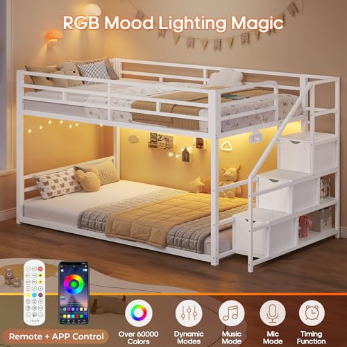 Low Twin Over Twin Bunk Bed with Storage Stairs, RGB Lights & Power Outlet