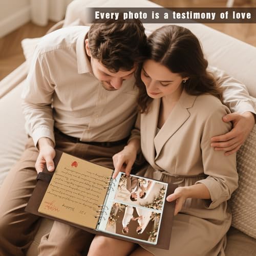 Leather 4x6 Photo Album, 200 Photo Capacity, 6-Ring Binder with Kraft Paper