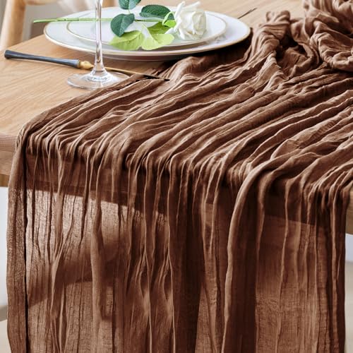 Xiomot 1 Pack Brown Cheesecloth Table Runner 10FT Rustic Boho Sheer Decor