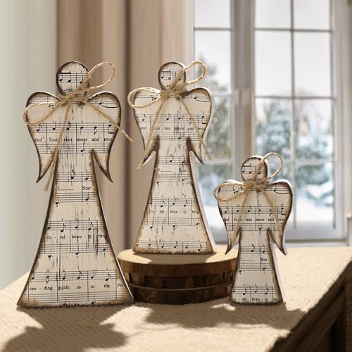 Treory Rustic 3Pcs Angel Decor Set – Christmas Carols Wooden Nativity Ornaments