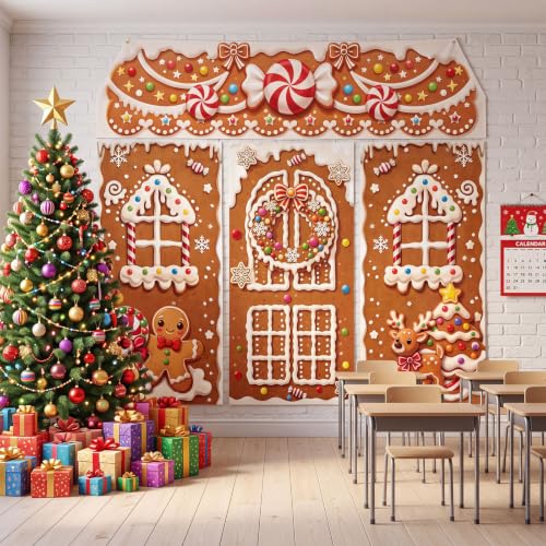 Irenare 4-Piece Christmas Gingerbread Door Cover Set for Holiday Decor