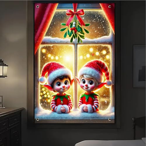 BlissYard Xmas Window Banner 31x47 Elves Twin Scene - Christmas Window Decorating Banner (Variation THIS listing: Christmas Window Banner#1)