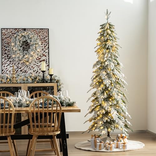 Glitzhome 7.5ft Flocked Pencil Spruce Pre-Lit Christmas Tree with 350 Warm White Lights