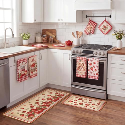 10-Piece Rustic Strawberry Kitchen Decor Set with Towels, Rugs, and Mitts