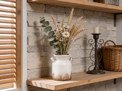 Rustic Ceramic Farmhouse Vase - Distressed White Flower Vase with Handles