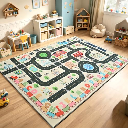 4'x6' Kids Road Play Rug - Washable Non-Slip City Town Traffic Playmat