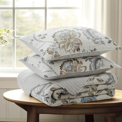 King Bedspread Set with Floral Design & Reversible Shams - Cotton