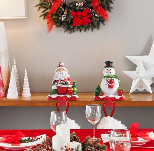 Christmas Santa & Snowman Stocking Holders Set - Holiday Mantel Hooks