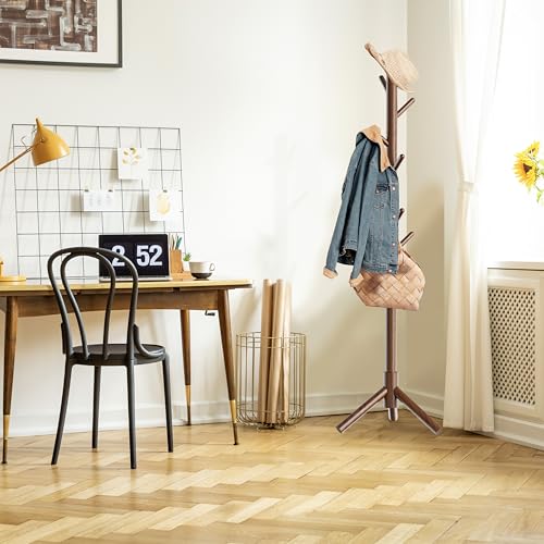 Wooden Coat Rack Stand with 9 Hooks, Adjustable Entryway Hall Tree