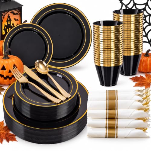 WELLIFE 210-Piece Black & Gold Plastic Dinnerware Set for 30 Guests – 30 Dinner Plates, 30 Dessert Plates, 30 Black 9 oz Cups, 30 Pre-Rolled Napkins, Goldware