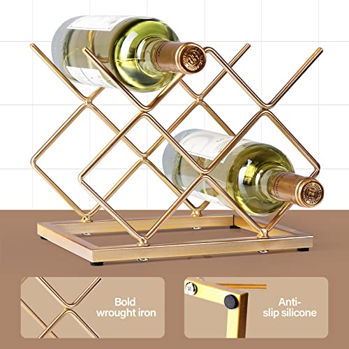 5-Bottle Gold Metal Wine Rack - Modern Geometric Countertop Storage Stand