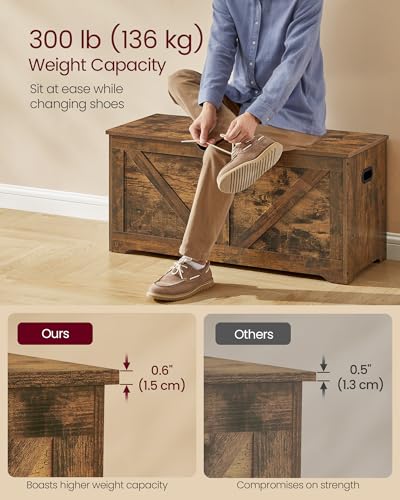 Rustic Wood Storage Chest with Safety Hinges - Large Entryway Bench