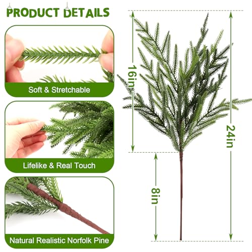 8Pcs 24 Inch Real Touch Norfolk Pine Branches Faux Greenery for Christmas Decor