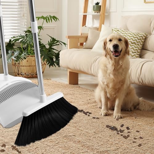 Broom and Dustpan Set with 52" Adjustable Handle & Dustpan Comb, White