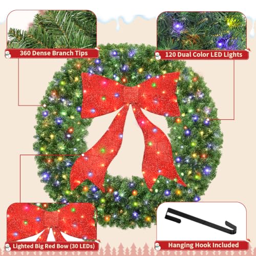 RABESAMDY 36 Inch Artificial Christmas Wreath with Dual-Color LED Lights & Red Bow, 10 Modes