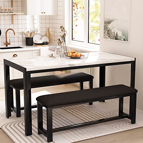 3-Piece Marble Dining Table Set with 2 Upholstered PU Leather Benches