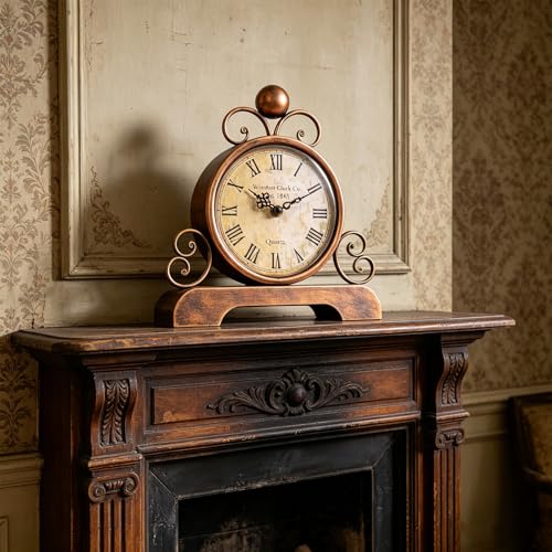 Vintage Metal Mantel Clock, Silent Quartz Table Clock for Shelf or Desk
