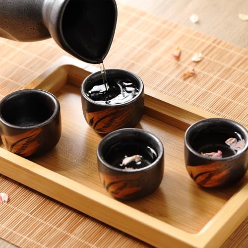 Skyley Japanese Ceramic Sake Set with Wooden & Grass Tray, 6 Pcs