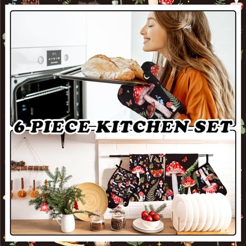 6-Piece Mushroom Kitchen Set: Oven Mitts, Pot Holders, and Dish Towels