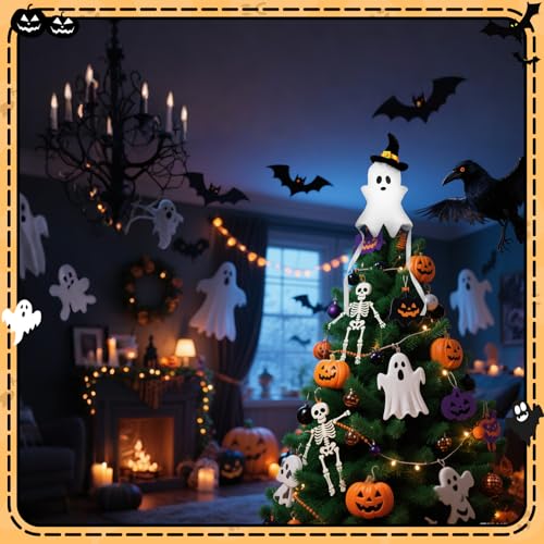 White Ghost Halloween Tree Topper with Witch Hat - 11.8-Inch Plush Decor