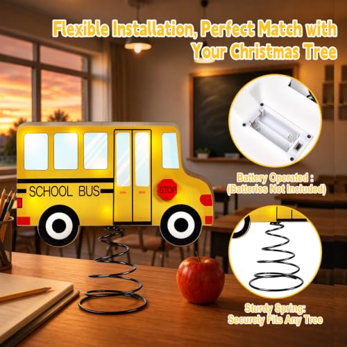 Wooden School Bus LED Tree Topper - 8x8 Inch Lighted Classroom Decor