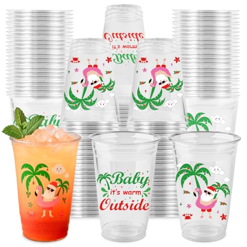 Christmas July Plastic Cups 16 oz Disposable Party Cups 60 Pack - Santa Flamingo Beach Design