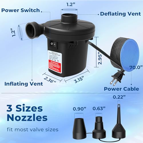 Portable Electric Air Pump with 3 Nozzles - Quick-Fill Inflator Deflator