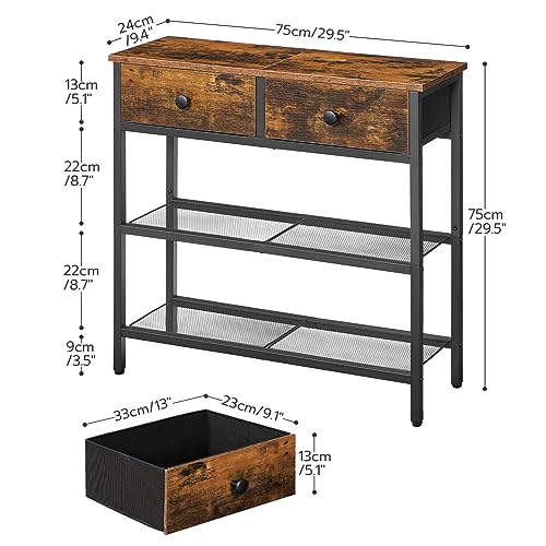 Narrow Console Table with 2 Fabric Drawers & 3-Tier Shelves - Rustic Brown