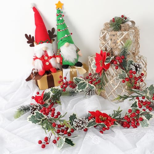 2PCS Red Berry Christmas Garland with Pine Cones & Poinsettias, 12FT Holiday Decor