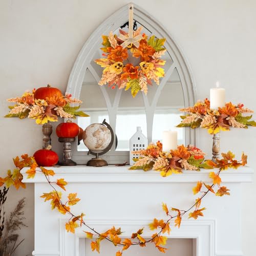 4-Piece Mini Fall Floral Candle Rings with Berries for Autumn Table Decor