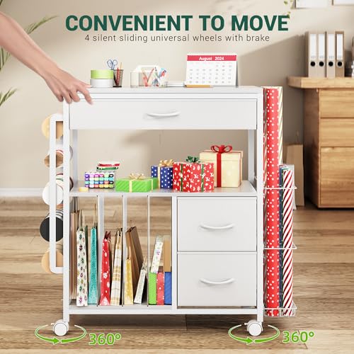 Rolling Gift Wrapping Paper Storage Cart with Ribbon Holder and Drawers