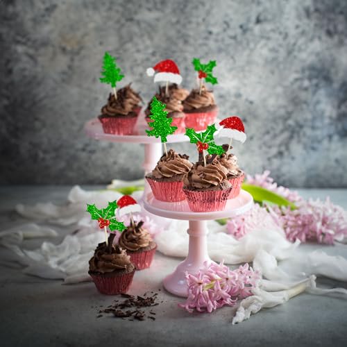 Ephlyn 24Pcs Christmas Santa Hat Cupcake Toppers Multicolor Glitter Holly Leaves Berries – Party Picks